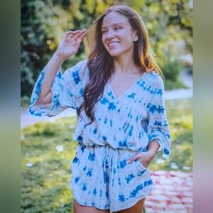 RIVER + SKY Tie-dyed 'Be Free Romper' In Hazy Grey with Bell Sleeves Womens Sz M